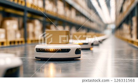 Automated delivery robots transporting packages along a warehouse aisle, showcasing advanced logistics technology and efficient inventory management systems 126331568