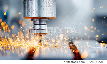 Precision CNC machining process with metal cutting tool creating sparks, showcasing advanced technology and craftsmanship in a modern industrial environment 126331588