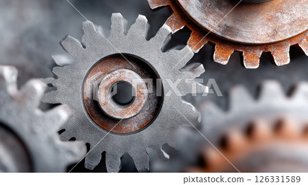 Close-up view of rusty metal gears interlocking in a mechanical assembly, showcasing intricate details and textures of industrial machinery components Close-up view of rusty metal gears interlocking in a mechanical assembly, showcasing intricate details and textures of industrial machinery components 126331589