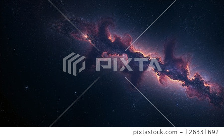 Dark, realistic space with electric stars and nebulas, elegant composition. 126331692