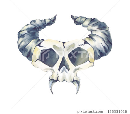 A hand-drawn skull with horns of a fantasy animal on a white background. Watercolor illustration of a skull with sharp fangs of an unknown creature. Isolated. A Halloween clipart. The horror. 126331916