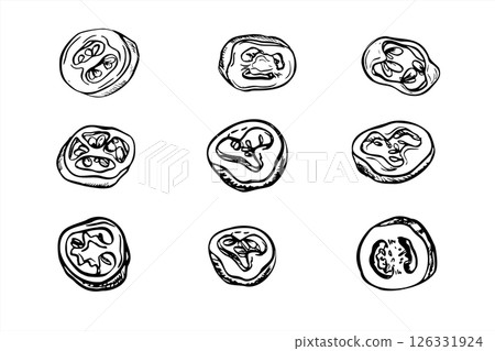 Round hot pepper slices with seeds set monochrome vector illustrations. Jalapeno, cayenne, chili clip art for packaging, labels, spicy food branding, cookbooks, and culinary designs. 126331924
