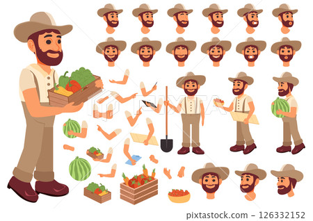 Farmer character constructor for animation with parts set. Customized people collection with man poses, facial expressions heads in hats, arms holding harvest, vegetables, more. Vector illustration. Farmer character constructor for animation with parts set. Customized people collection with man poses, facial expressions heads in hats, arms holding harvest, vegetables, more. Vector illustration. 126332152