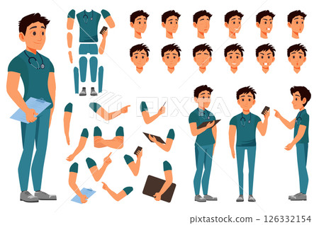 Doctor character constructor for animation with parts set. Customized people collection with male physician poses, facial expressions heads, arms with tablet, stethoscope, more. Vector illustration. 126332154