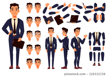 Businessman character constructor for animation with parts set. Customized people collection with office manager poses, facial expressions heads, arms with laptop, folders, more. Vector illustration. 126332156