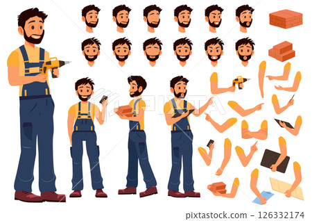 Builder character constructor for animation with parts set. Customized people collection with handyman poses, facial expressions heads, arms with tools, bricks, blueprint, more. Vector illustration. 126332174