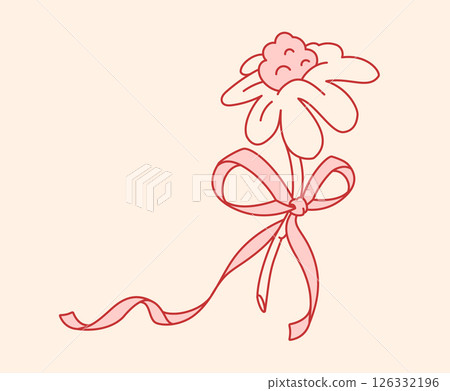 Elegant hand-drawn daisy with a delicate tied ribbon. Isolated decor element or logo Elegant hand-drawn daisy with a delicate tied ribbon. Isolated decor element or logo 126332196