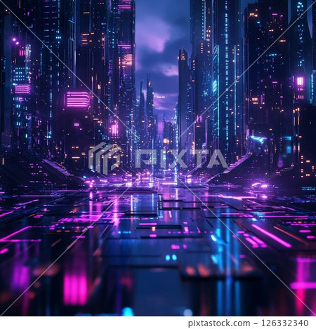Futuristic Cyberpunk Cityscape with Neon Lights 126332340