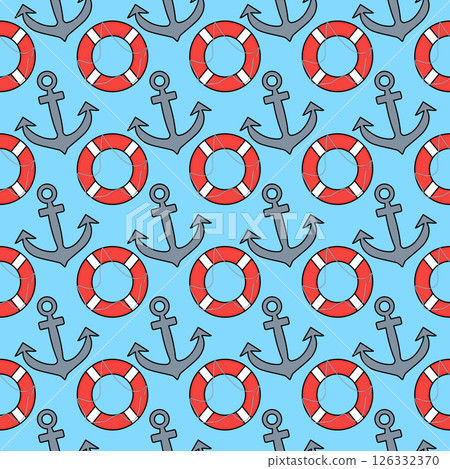 Cute vibrant summer seamless nautical pattern with cartoon life buoys, and anchors on a light blue background. For summertime, coastal, beach, resort, water and vacation designs of items and clothing. 126332370