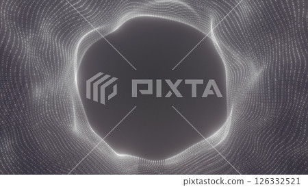 Abstract glowing portal with smooth wave-like white dots forming a circular vortex on a dark background 126332521