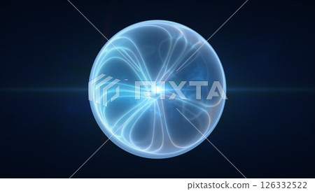 Smooth blue energy orb glowing with central light, surrounded by abstract translucent plasma 126332522