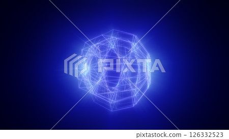 Futuristic blue holographic sphere formed of transparent geometric rings and glowing points 126332523