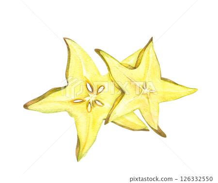 Watercolor two overlapping starfruit slices illustration isolated background. Carambola for tropical designs, healthy food packaging, juice labels, and culinary designs, beverage decor Watercolor two overlapping starfruit slices illustration isolated background. Carambola for tropical designs, healthy food packaging, juice labels, and culinary designs, beverage decor 126332550