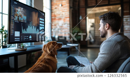 Man presents project data in modern loft workspace with dog by his side during a productive afternoon session 126332565