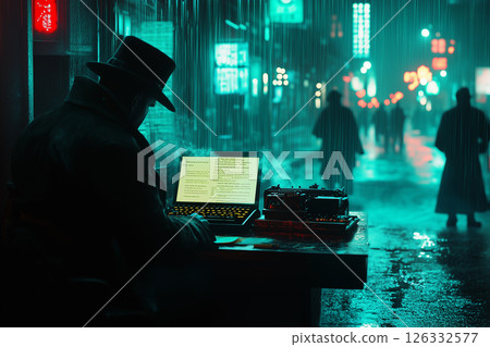 Noir-style detective works diligently under rain in dimly lit street, focused on laptop and typewriter 126332577