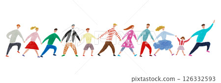 Hand-drawn illustration: People moving forward while holding hands 126332593