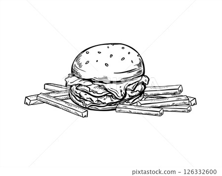 Classic juicy burger lying on French fries monochrome vector graphic sketch illustration. Homemade sandwich for fast food branding, menus, and vegetarian advertising, Street food line art style. 126332600