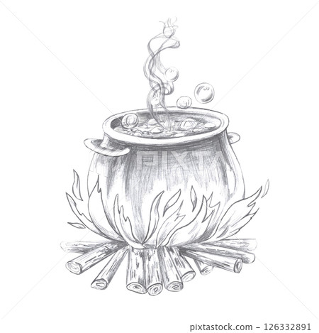 Large vat of boiling liquid on a fire. Isolated pencil illustration of a cauldron for book design, postcards, Halloween invitations, poster printing. Large vat of boiling liquid on a fire. Isolated pencil illustration of a cauldron for book design, postcards, Halloween invitations, poster printing. 126332891