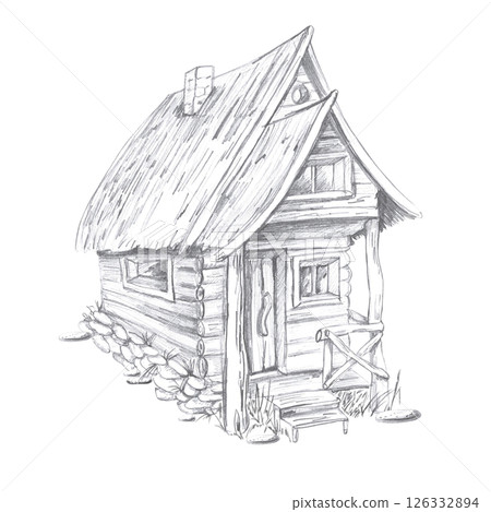 Wooden village house with an attic. Isolated pencil illustration of the building for the design of books, postcards, brochures for the construction business, invitations to Halloween. Wooden village house with an attic. Isolated pencil illustration of the building for the design of books, postcards, brochures for the construction business, invitations to Halloween. 126332894