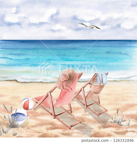 Two sun loungers on the sand on the seashore. Watercolor illustration on the theme of beach holidays for the design of restaurants, tourist brochures, printing on fabric and textiles, posters. 126332896
