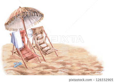 Two sun loungers under a sun umbrella standing on the sand. Isolated watercolor illustration on the theme of a beach holiday for the design of restaurants, tourist brochures, printing on fabric. 126332905