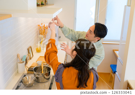 Japanese man and woman in work clothes inspecting kitchen equipment 126333041