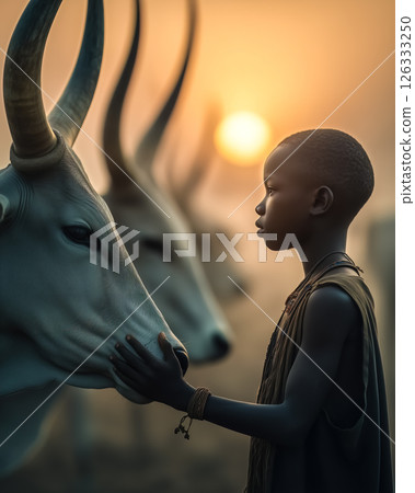 A tribesman stands among a herd of cattle in an open landscape. The concept of indigenous lifestyle, harmony with nature, pastoral culture, and ancestral heritage. Generative AI. 126333250