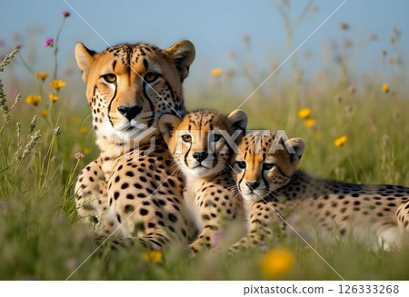 Cheetah Family Resting in Spring Grass 126333268