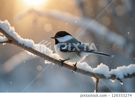 Snow-Covered Branch with Chickadee and Sunlight 126333274