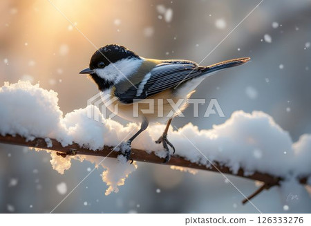 Chickadee on Snowy Branch with Sunlight 126333276