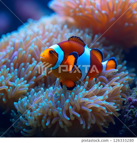 Vibrant Clownfish Swimming Among Glowing Anemones with Sunlight 126333280