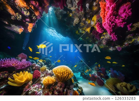 Colorful Sponges in a Mesmerizing Underwater Cave 126333283