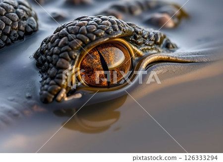 Close-Up of a Crocodile Amber Eye Amidst Rippling Water 126333294