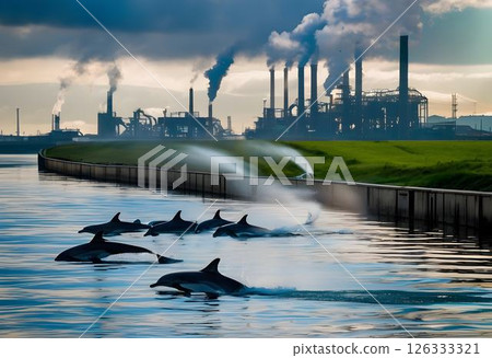 Coastal Pollution: Dolphins Near Factories and Cloudy Waters 126333321