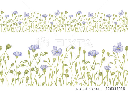Watercolor seamless frame, border with wildflowers of flax and greenery. Hand-painted banner floral seamless pattern for textiles, invitations, greeting cards, stationery, wallpaper, tableware borders Watercolor seamless frame, border with wildflowers of flax and greenery. Hand-painted banner floral seamless pattern for textiles, invitations, greeting cards, stationery, wallpaper, tableware borders 126333618