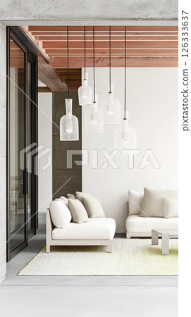 Modern living room design featuring elegant lighting and minimalist furniture 126333637