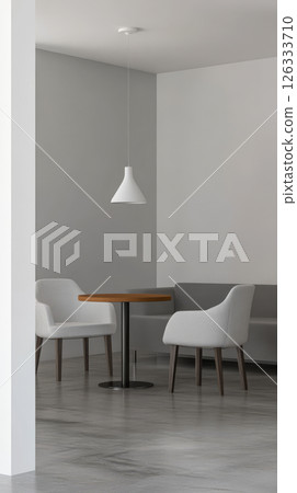 Cozy modern seating area in a minimalist interior design during daylight 126333710