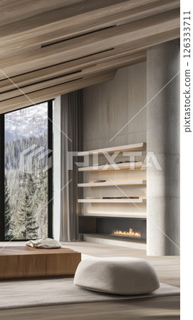 Modern interior design featuring a cozy fireplace and mountain view in a serene setting 126333711
