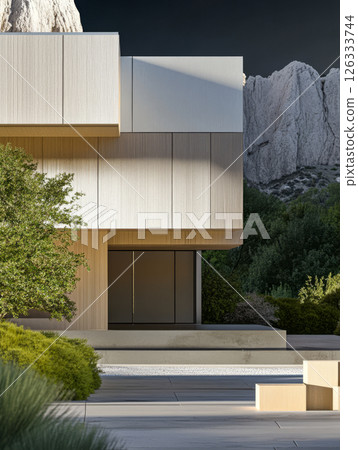 Modern architectural design blends with nature in a serene landscape setting near mountains 126333744