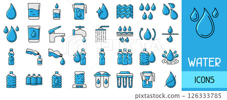 Water linear icon set. Aqua or liquid thin line illustration. 126333785