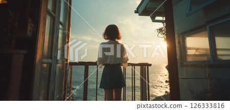 有海背景的一位美麗女子的畫像 126333816