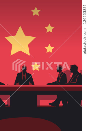 Business meeting silhouettes trade negotiations concept red background stars flag 126333825
