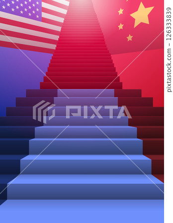 Staircase between US and China flags symbolizing trade war economic rivalry gradient background abstract design 126333839
