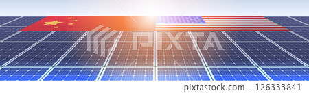 Solar energy trade conflict concept illustration. Flags of China and USA on solar panels symbolize international trade tensions and tariffs. Bright sunlight effect 126333841
