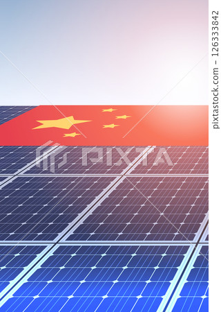 Solar panels trade war concept illustration. Solar panels with a flag symbolizing international trade tensions. Bright sky background. Perfect for banners or articles 126333842