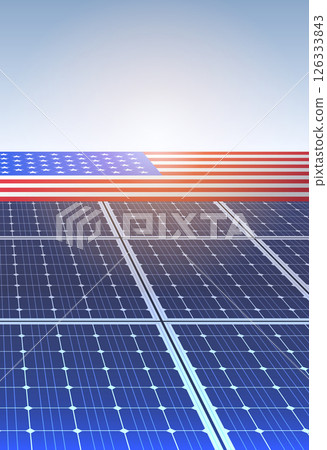 Solar panels and USA flag trade war concept. Solar energy technology with American flag in background. Blue sky and sunlight. Renewable energy theme Solar panels and USA flag trade war concept. Solar energy technology with American flag in background. Blue sky and sunlight. Renewable energy theme 126333843