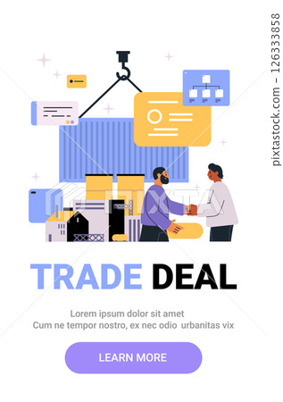 Trade deal handshake business agreement concept. Two people shaking hands in front of shipping containers factories and data icons symbolizing international trade 126333858