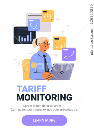 Tariff monitoring businesswoman analyzing data charts graphs on laptop. Professional attire with abstract background elements. Modern web design template 126333859