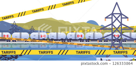 Trade tariffs concept train cargo containers. Canadian flag tankers on tracks with yellow tariff tape pylons mountains water reflection. Banner design 126333864