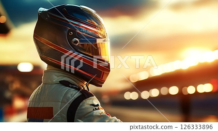 Racing driver wearing helmet and looking at sunset on track 126333896